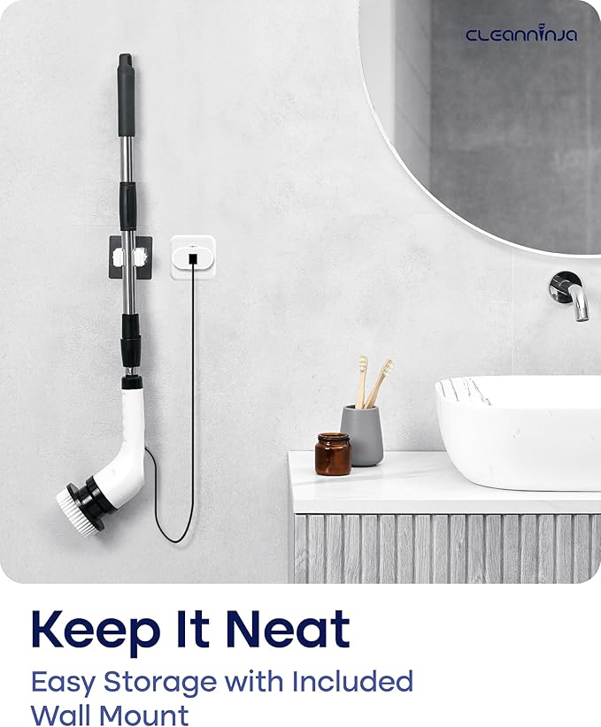 Electric Spin Scrubber for Cleaning - Shower Scrubber with Long Handle and 7 Replaceable Heads - 2 Speed Cordless Shower Brush for Cleaning with Long Battery Life, White