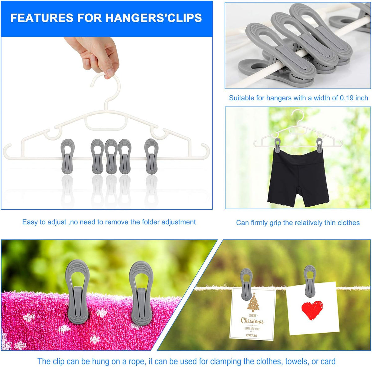 Tinfol 24pc Grey Plastic Hanger Clips, Strong Pinch Grip Finger Clips for Plastic Clothes Hangers, Multi-Purpose Kid Hanger Clip for Skirt Pant Hangers