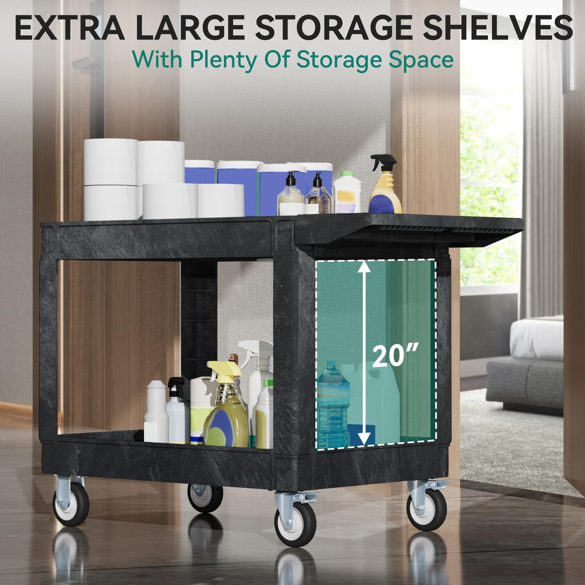 YITAHOME Utility Cart on Wheels, 550 lbs Capacity, 45 x 25 Inch Rolling Work Carts with Wheels, 2 Shelf Heavy Duty Plastic Service Cart Suitable for Warehouse, Garage, School & Office, Cleaning, Black