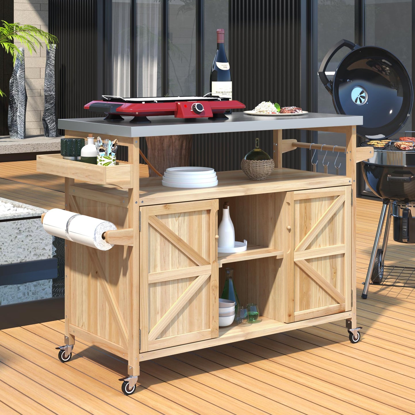Merax 50" Outdoor Kitchen Grill Cart Island on Wheels with Stainless Steel Top,Farmhouse Style Solid Wood Frame Storage Cabinet for Patio
