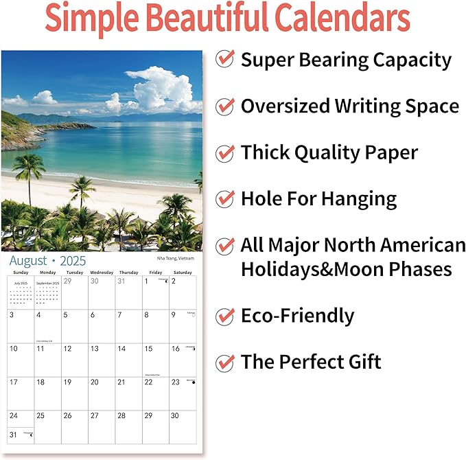2025 Wall Calendar,Calendar 2026, July 2025 - June 2026, Wall Calendar BEACHES, 12" x 24" Opened,Full Page Months Thick & Sturdy Paper for Calendar Organizing & Planning