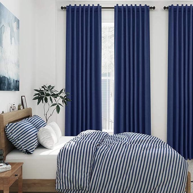 Nanspring 100% Blackout Linen Curtains 120 Inch Long 2 Panels Classic Blue Modern Urban Drapes Extra Long 10 FT Back Tab Pocket Thermal Insulated Curtains for Dining Room High Ceiling 52X120