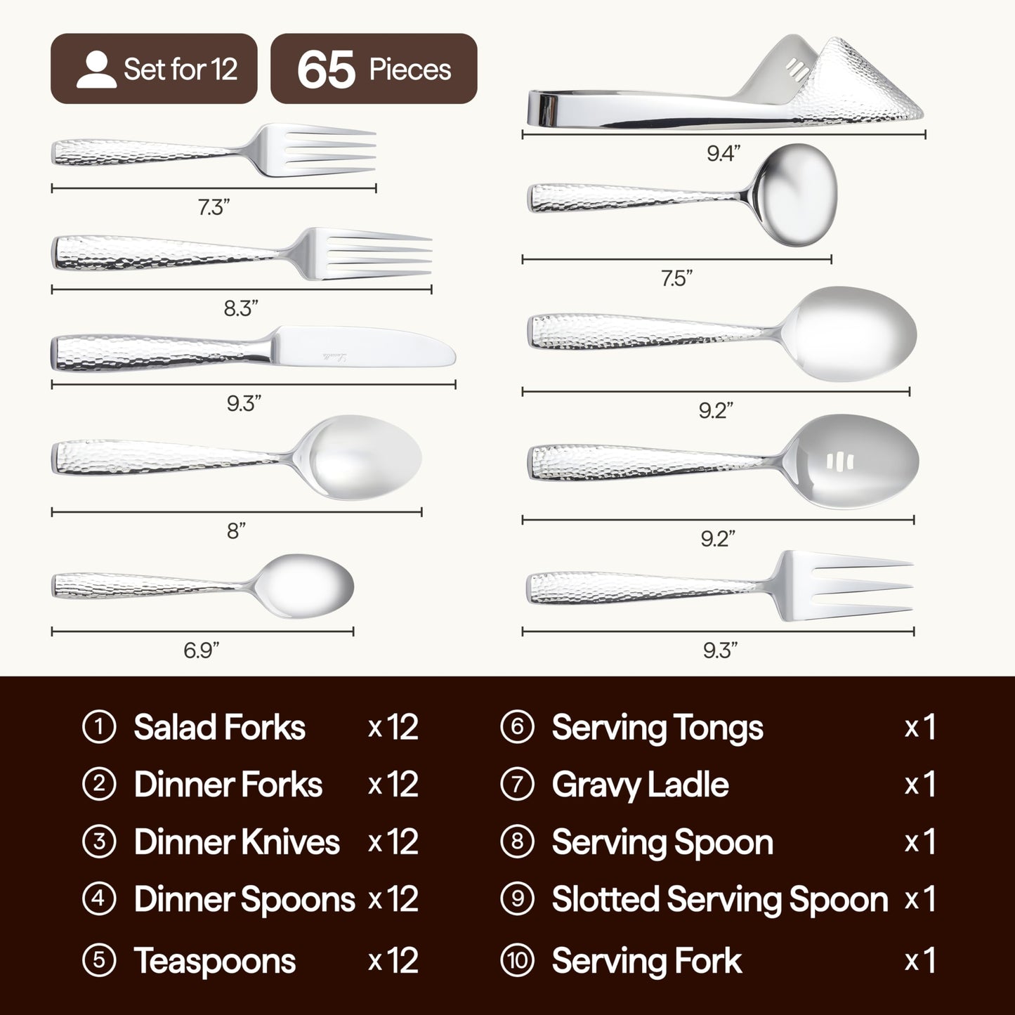 Luciella Ponza Flatware Set for 12, 65-Piece Stainless Steel Silverware Set with Serving Utensils, Timeless Hammered Design, Rust-Resistant, Mirror Polished & Dishwasher Safe Mothers Day Gifts