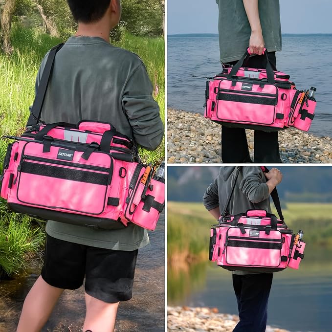 Goture Fishing Tackle Bag, Store Up to 4PCS 3700 Plus 2PCS 3600 Tackle Trays(Not Included), 600D Soft Side Gear Fishing Bag with Rod Straps,Detachable Water Bottle Pouch,Waterproof Bottom,SBS Zippers