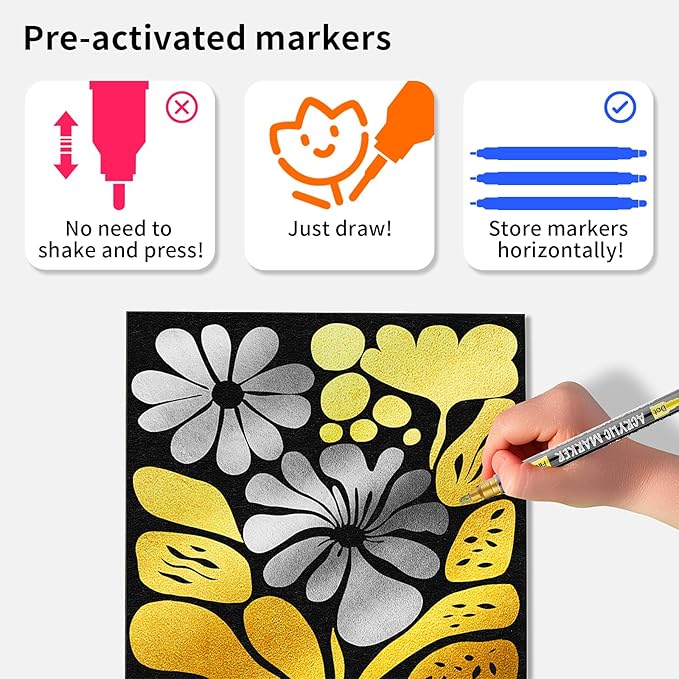 NAWOD 6 Gold and Silver Acrylic Paint Pens Markers, with Fine Tip and Medium Tip, for Rock Painting, Fabric, Canvas, Glass, Wood, Paper, DIY, Ceramic, Paint Markers for Kids and Adults