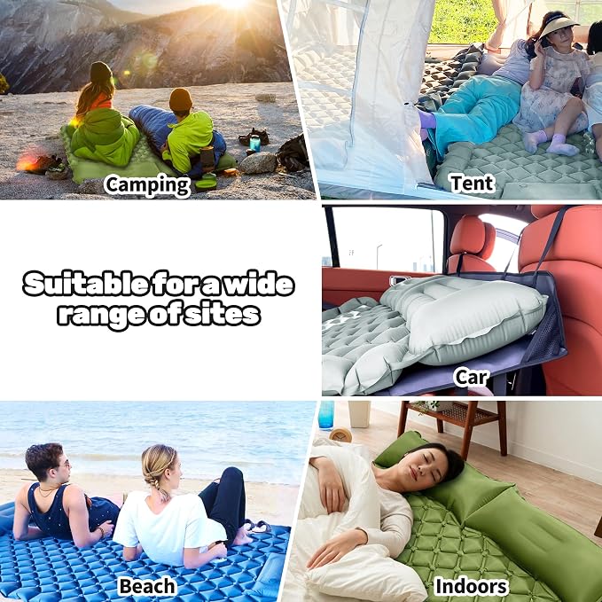 Inflatable Car Air Mattress, SUV Air Mattress for Travel Camping, Ultralight Camping Bed with Pillow and Built-in Foot Pump, Portable Sleeping Pad for SUV -Green