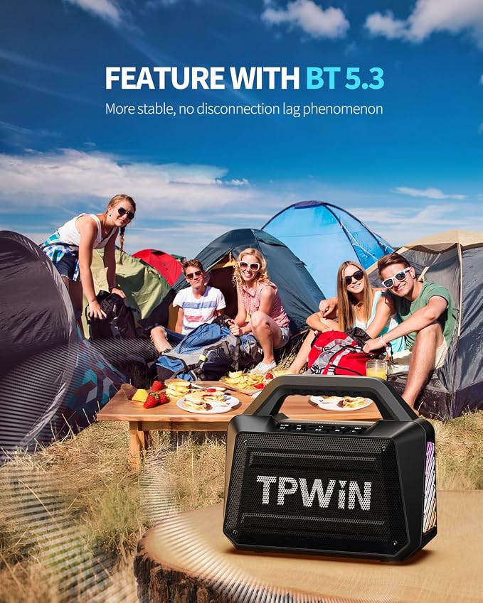 Bluetooth Speaker - 80W Loud Rugged Outdoor Speakers, IPX6 Waterproof, 20H Playtime, Deep Bass, Lightshow, TWS, BT 5.3 Wireless, Portable for Travel Hiking Camping Beach Pool - Black