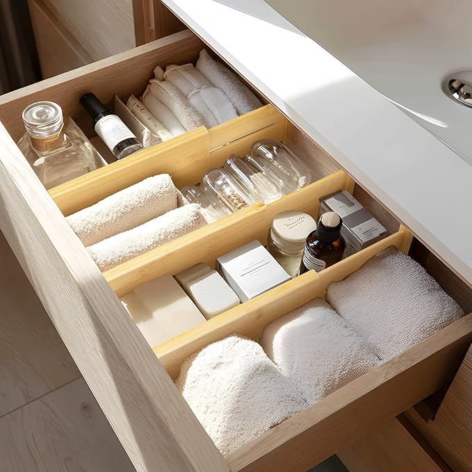 VaeFae 3 Pack Bamboo Drawer Dividers, 4" High Adjustable 11.9-17.1" Clothes Drawer Organizers, Expandable Separators for Bedroom/Bathroom/Kitchen/Office Storage