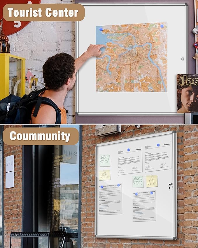 38"x38" Enclosed Bulletin Board, Lockable Weather-Resistant Aluminum Noticeboard for School & Office, Silver Frame w/Magentic Whiteboard