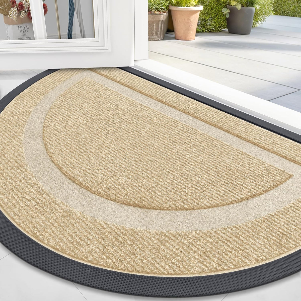 OLANLY Half Circle Door Mat Indoor Outdoor Entrance Welcome, Waterproof All-Season, All-Weather Doormat, Sturdy Natural Rubber, Low Profile, Easy Clean Patio Porch Entryway Mat, 47x23, Beige