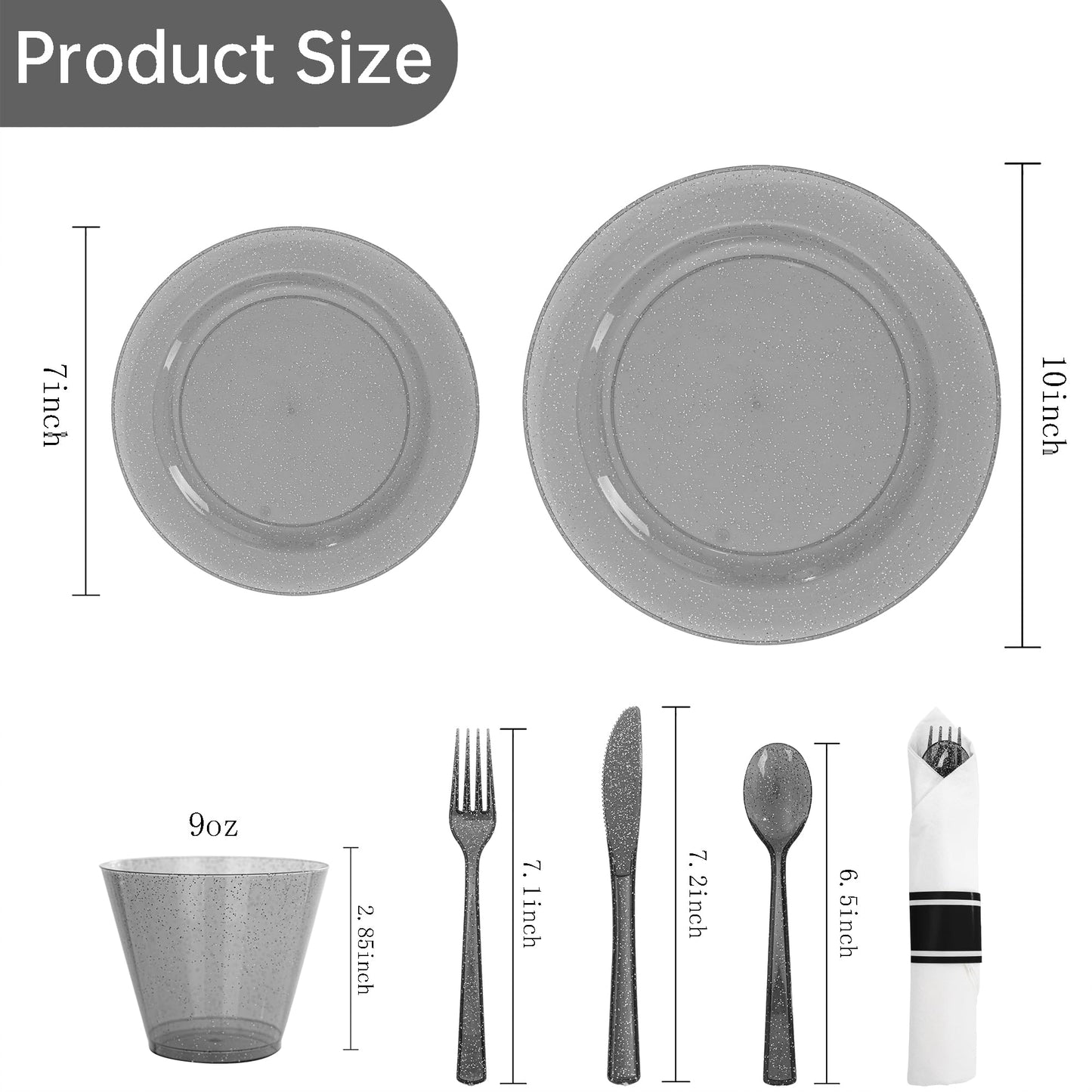 DaYammi 210PCS Black Glitter Plastic Dinnerware Set for 30 Guests, Fancy Disposable Plates for Party, Include: 30 Dinner Plates, 30 Dessert Plates, 30 Pre Rolled Napkins and 30 Cups