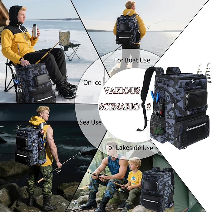 Fishing Backpack with Rod Holder X-Large 60L Tackle Gears Bag with Cooler for Storage Tackle Box and Fishing Accessories Stuff, Fish Gifts for Men Woman-Yellow Camo