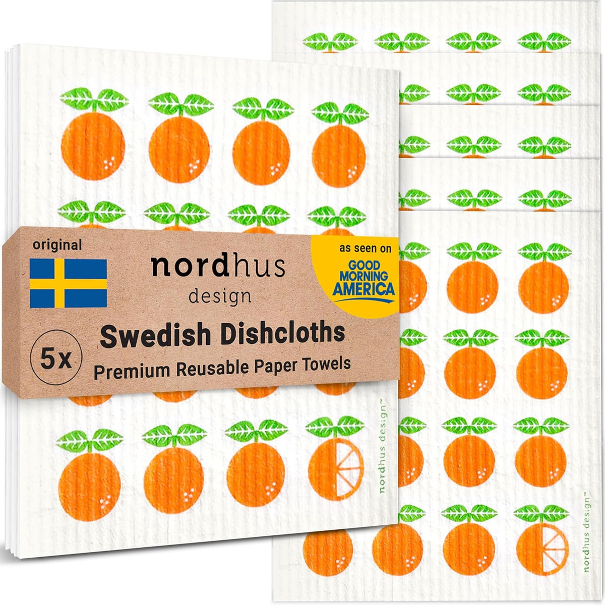 Nordhus Design Swedish Dishcloths, 5 Pack Oranges, Made in Sweden - Reusable, Washable Cellulose Cotton Kitchen Cloths - Replace Paper Towels, Wipes, Sponges, Dish Rags