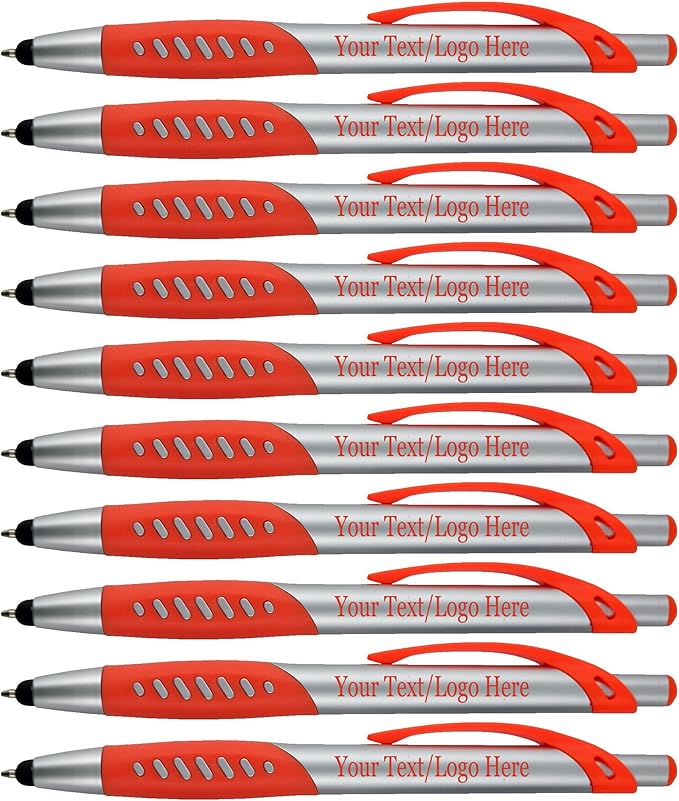 Personalized Pens With Custom Logo or Text-300 Pack Bulk-for Businesses, Parties, and Events, 2 in 1 Ballpoint Pen & Capacitive Stylus for Touchscreen Devices, Click Action, Black Ink, Orange