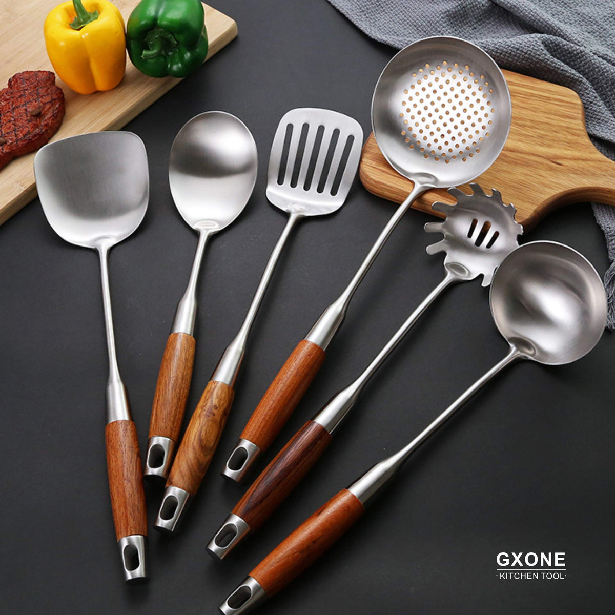 GXONE Large Serving Spoons,304 Stainless Steel Cooking Spoon with Heat Resistant Wooden Handle,Silver/12.4Inch