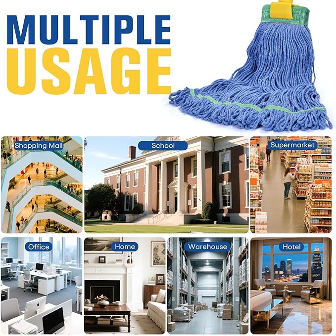 Matthew Cleaning Commercial Mop Head Replacement, 5 Inch Wide Headband, Looped End Cotton Blend String Wet Mops for Floor Cleaning, 18 oz Medium, 3-Pack Blue