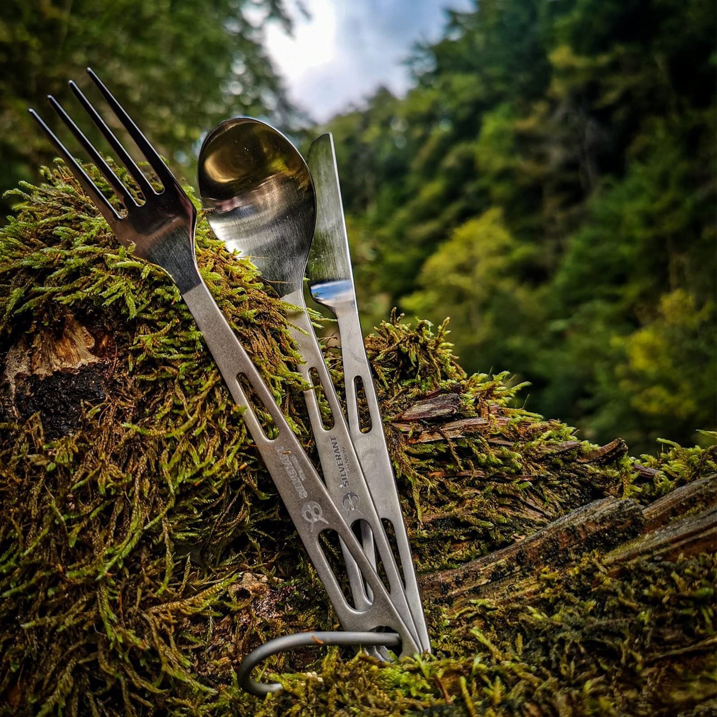 SILVERANT Titanium Camping Flatware, Knife Fork & Spoon 3 Piece Camping Cutlery Set Lightweight Tableware for Lunch Box Outdoor Camping & Hiking, Comes with Drawstring Bag & Carabiner- Polished