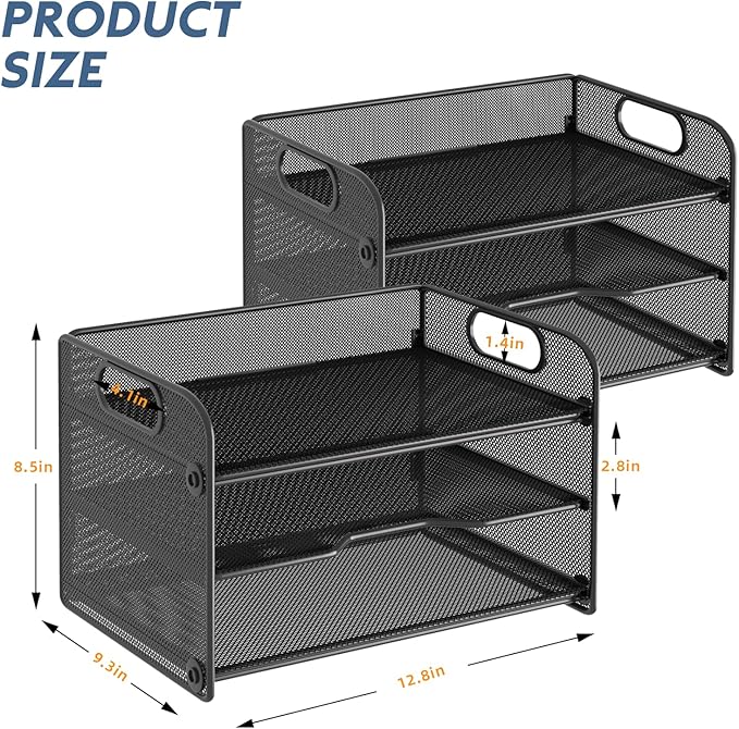 samstar 2 Pack 3 Tier Letter Tray Paper Organizer with Handle, Mesh Desk Organizer Paper Sorter File Rack Shelves, Black