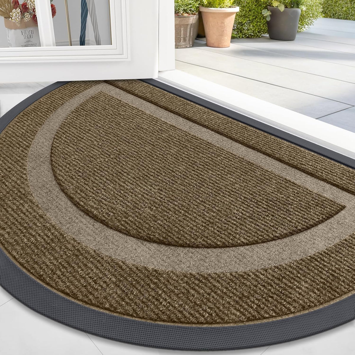 OLANLY Half Circle Door Mat Indoor Outdoor Entrance Welcome, Waterproof All-Season, All-Weather Doormat, Sturdy Natural Rubber, Low Profile, Easy Clean Patio Porch Entryway Mat, 36x24, Brown