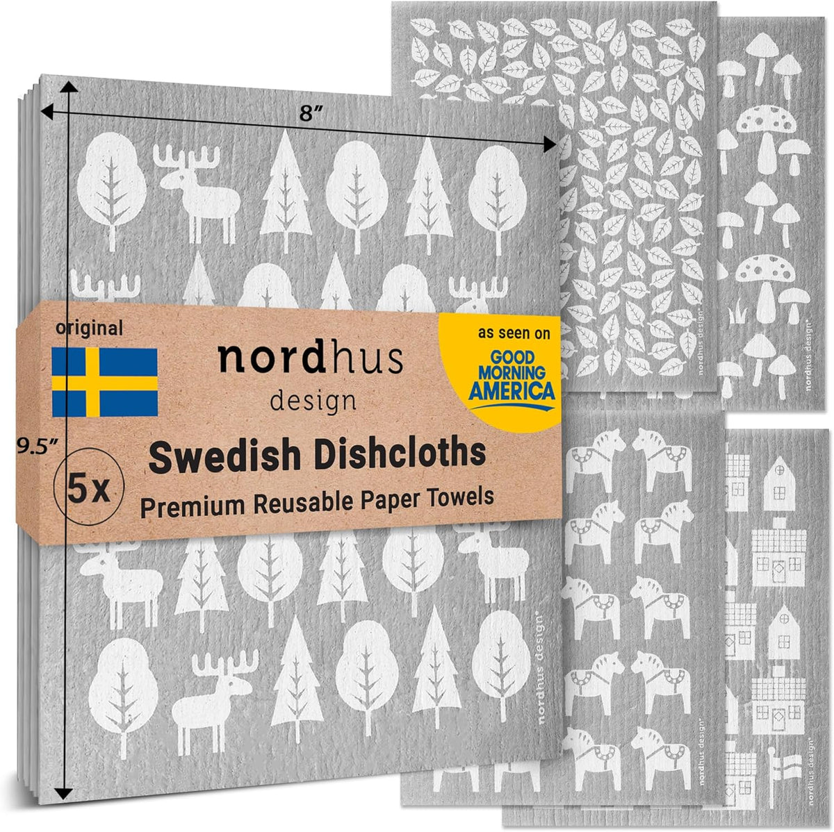 Nordhus Design Large Swedish Dishcloths, 5 Grey Cloths, Made in Sweden - 9.5 x 8 inch Reusable, Washable Cellulose Cotton Kitchen Cloths - Replace Paper Towels, Wipes, Sponges, Dish Rags
