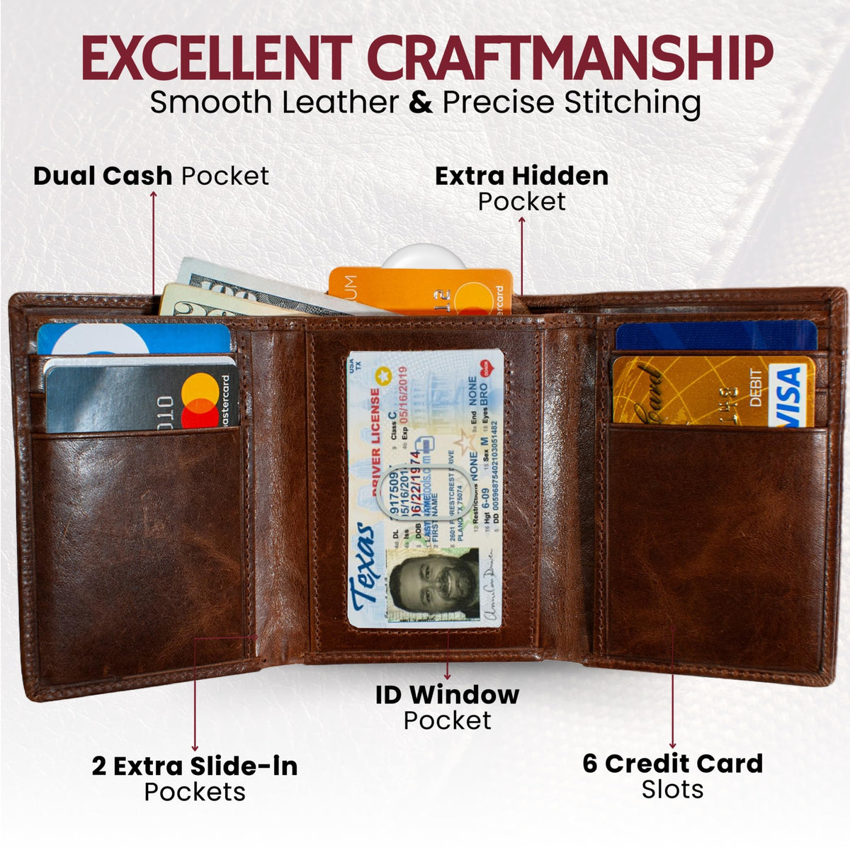 BULL GUARD Best Leather Men's RFID Trifold Wallet With ID Great Outdoor Wallet