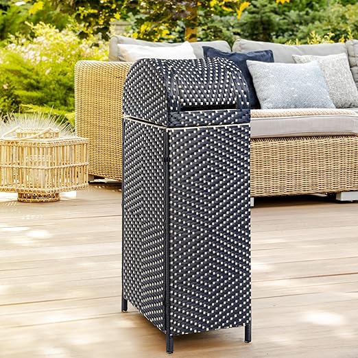 happimess HPM1202B Darla 31.39-Gallon All-Weather Wicker/Metal Swing Top Hideaway Outdoor Trash Can, Navy/White, Classic, Coastal, Casual Wastebin for Backyard, Patio, Porch, Kitchen