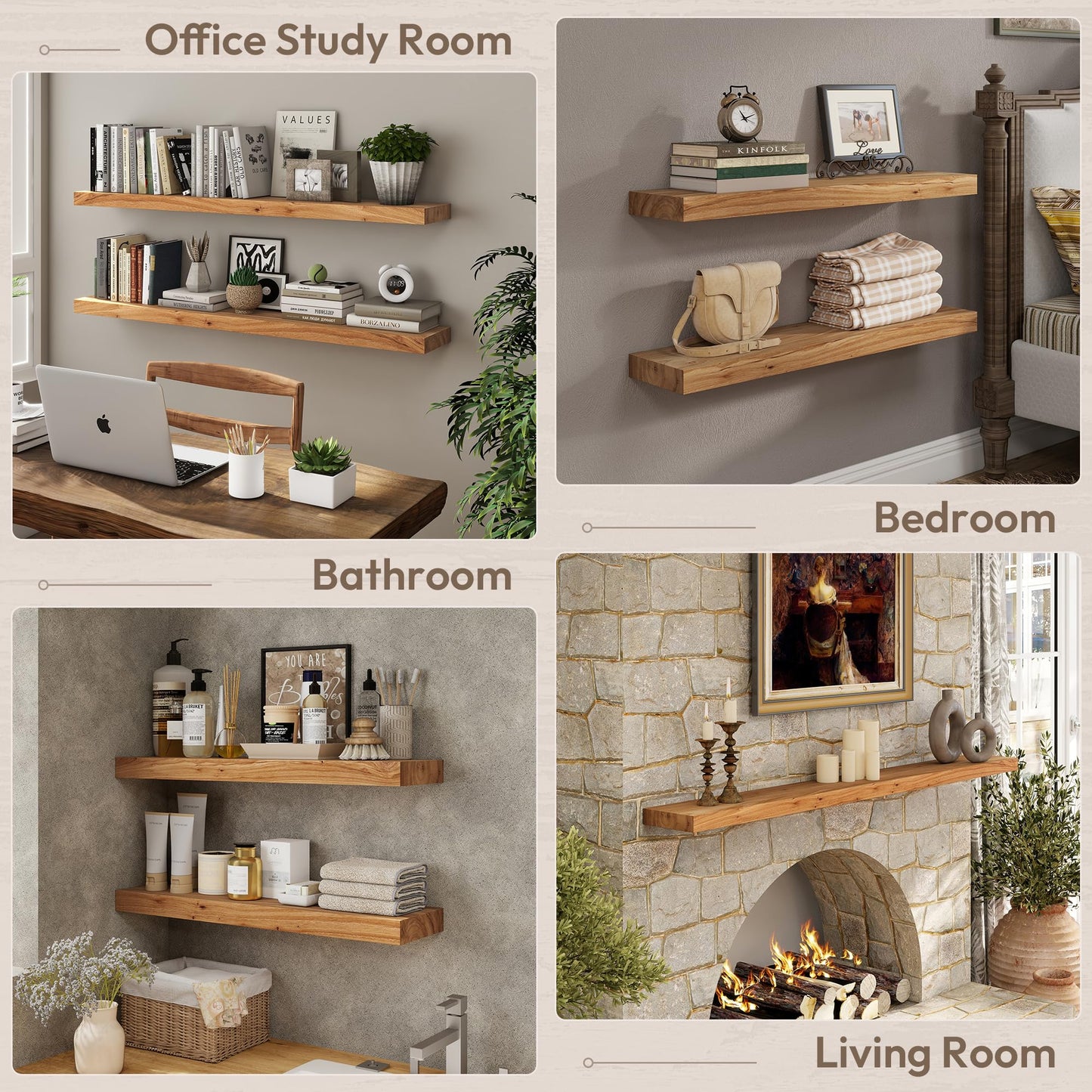 Marsmiles 30 inch Floating Shelves for Wall Solid Elm Wood Shelves|Rustic Wall Shelves with Invisible Heavy-Duty Bracket for Bathroom Living Room Kitchen|Natural, 2 Pack