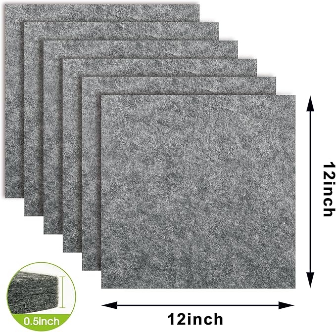 AKTOP Cork Bulletin Board 12x12, 1/2" Thick Felt Cork Board Tiles 6 Pack, Small Square Pin Board for Wall, Self Adhesive Corkboards with 60 Push Pin Wood Clips for School, Home & Office, Grey