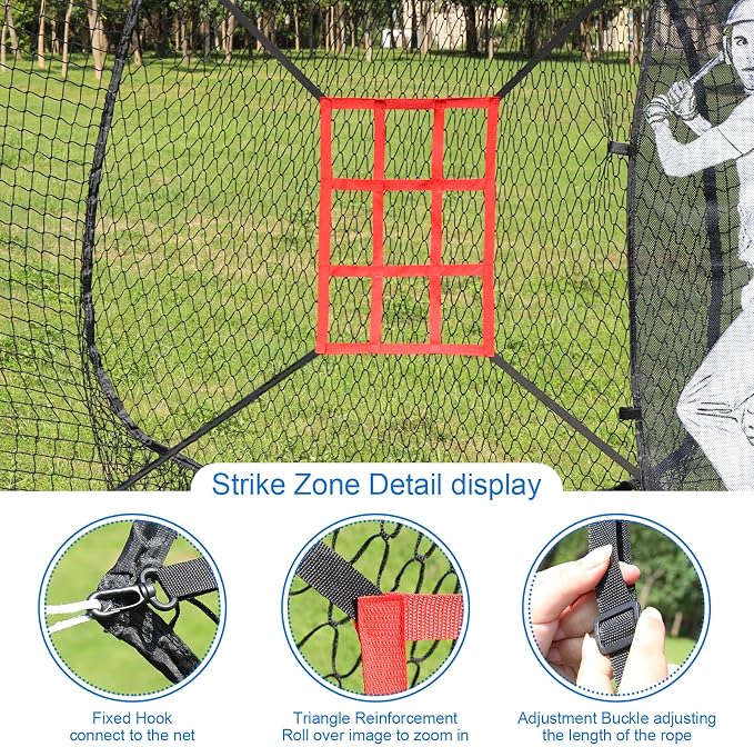 7'X7' Baseball Softball Practice Net,Pitching Net,Batting Net,with Baseball Tee,Bonus Strike Zone and Bow Frame,for Hitting,Pitching, Catching