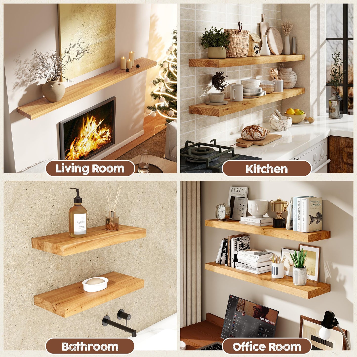 fuqing Floating Shelves for Wall, 30 inch Rustic Solid Elm Wood Floating Shelves, Wooden Wall Shelves with Invisible Heavy Duty Brackets for Living Room, Bedroom, Kitchen, Bathroom, 2 Pack, Natural