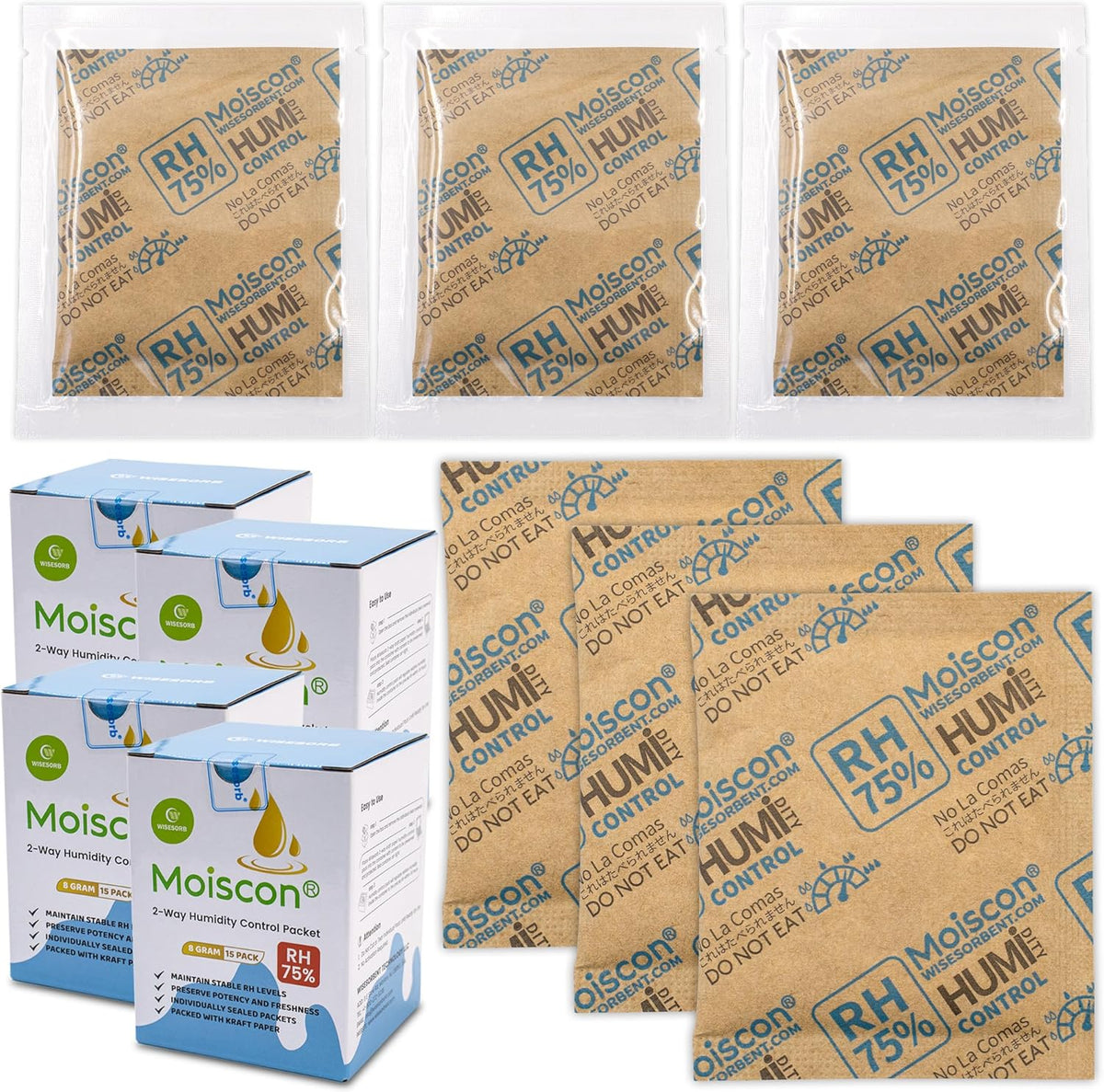 75% RH 8 Gram 60 Pack Two-Way Humidity Control Packs for Storing Up to 5 Items, Size 8 Moisture Control Packets Individually Wrapped for Small Non-Plastic Travel Cases