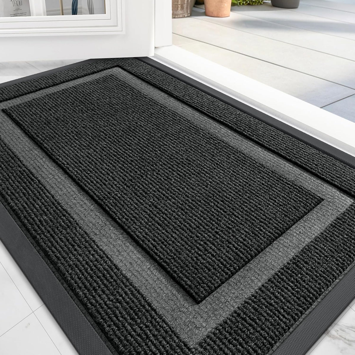 OLANLY Front Door Mat Indoor Outdoor Entrance, Waterproof All-Season, All-Weather Doormat, Sturdy Natural Rubber, Fade Resistant, Low Profile, Easy Clean Patio Porch Entryway Mat, 59x23, Black