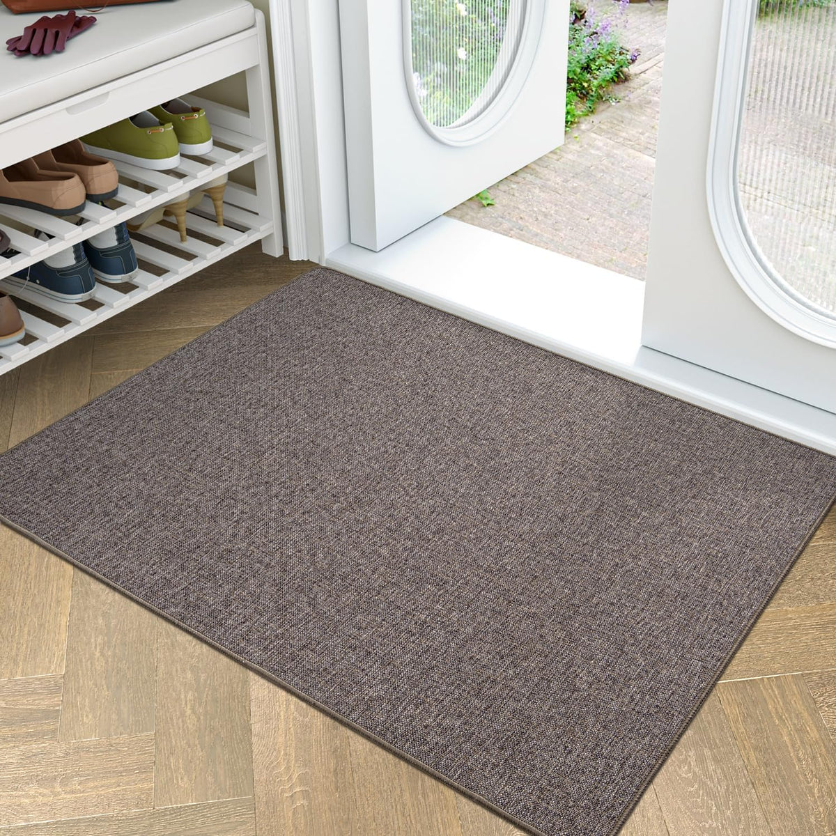 LUMI Ultra Thin Door Mat for Entryway, 32"x48" Low Profile Non Slip Rubber Backing Indoor Doormat, Easy Clean Welcome Entrance Mat for Inside House, Patio, Brown