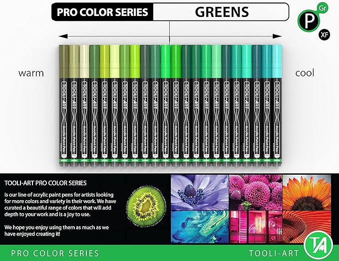 Acrylic Paint Pens 22 Green Tones Assorted Pro Color Series Markers Set 0.7mm Extra Fine Tip for Rock Painting, Glass, Mugs, Wood, Metal, Canvas, Projects, Non Toxic, Waterbased, Quick Drying