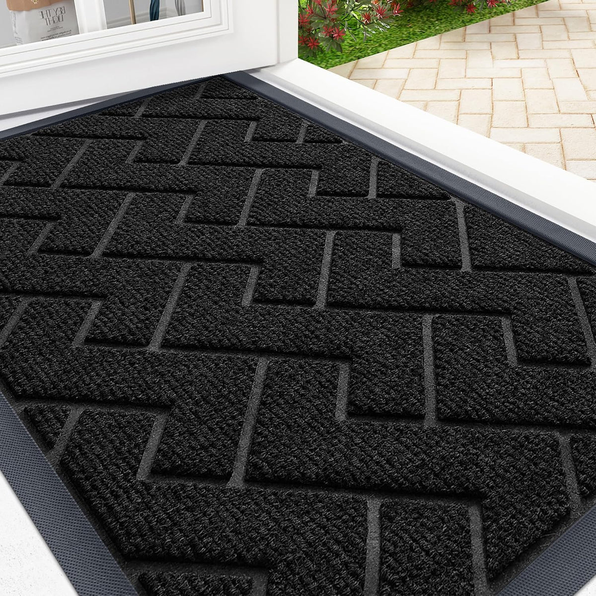 OLANLY Front Door Mat Indoor Outdoor Entrance, Waterproof All-Season, All-Weather Doormat, Sturdy Natural Rubber, Easy Clean Patio Porch Entryway Mat, Herringbone Brick (Jet Black, 29.5x17)