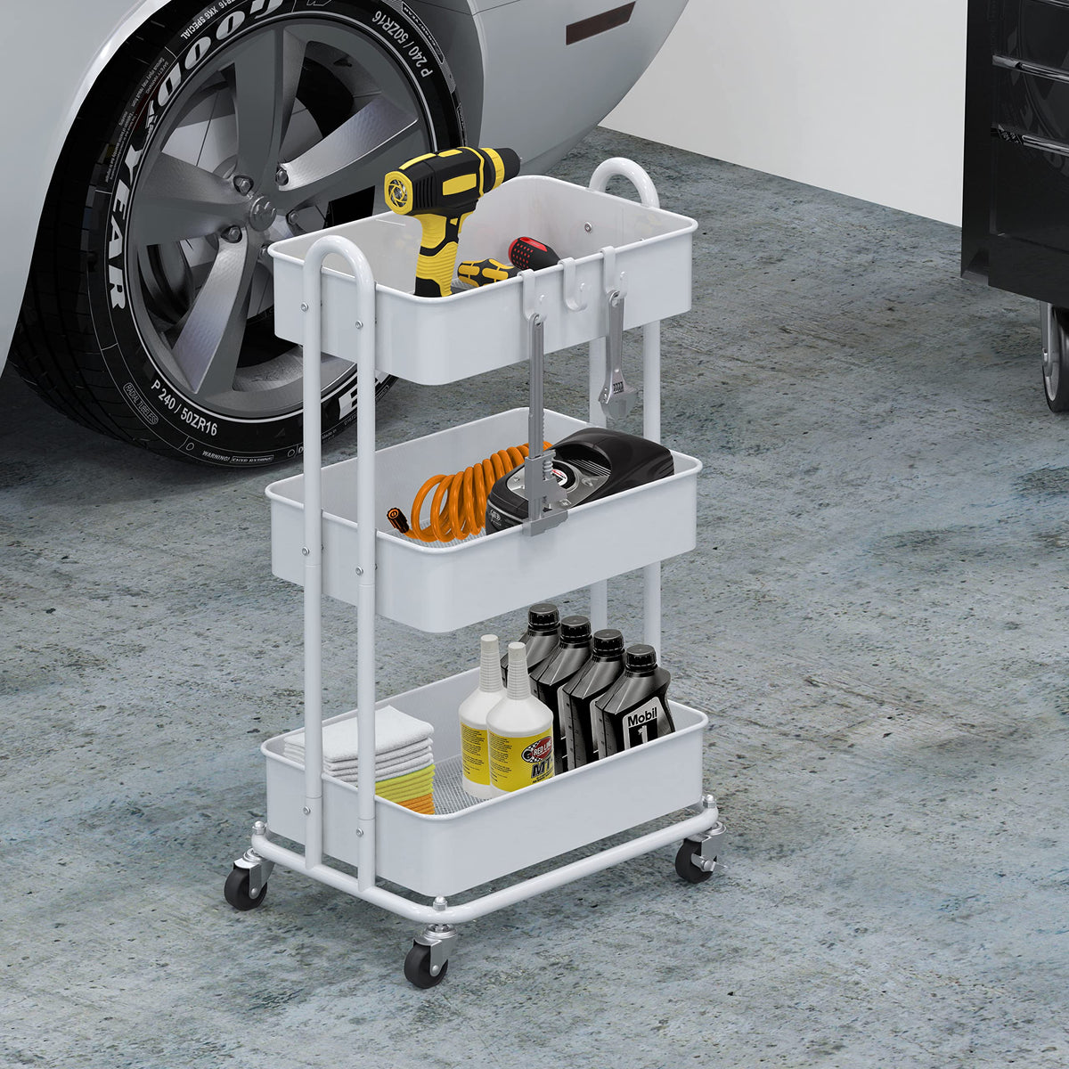 Simple Houseware 3-Tier Heavy Duty Metal Utility Rolling Cart, White