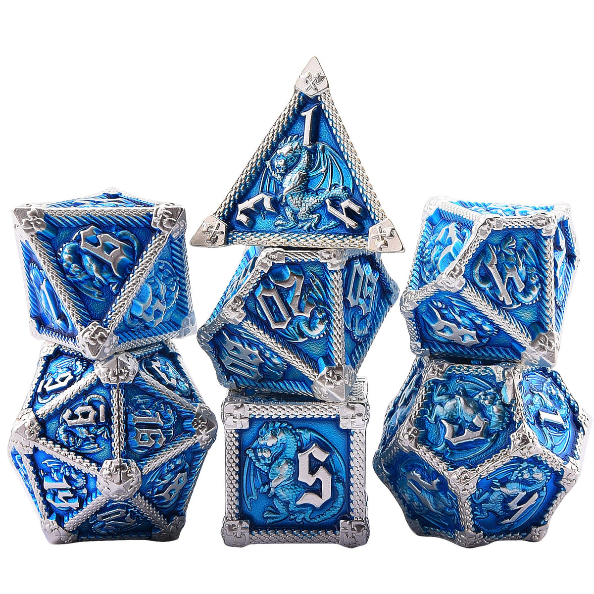 AUSTOR 7-Die Metal DND Dice Set Dungeons and Dragons Polyhedral Roll Playing Dice with Box D20 D12 D10 D% D8 D6 D4 for Pathfinder MTG RPG Board Games
