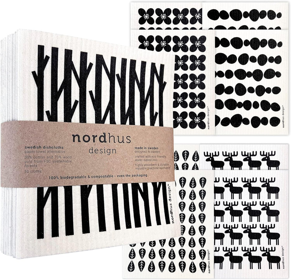 Nordhus Design Swedish Dishcloths, 10 Cloths, Made in Sweden - Reusable, Washable Cellulose Cotton Kitchen Cloths - Replace Paper Towels, Wipes, Sponges, Dish Rags