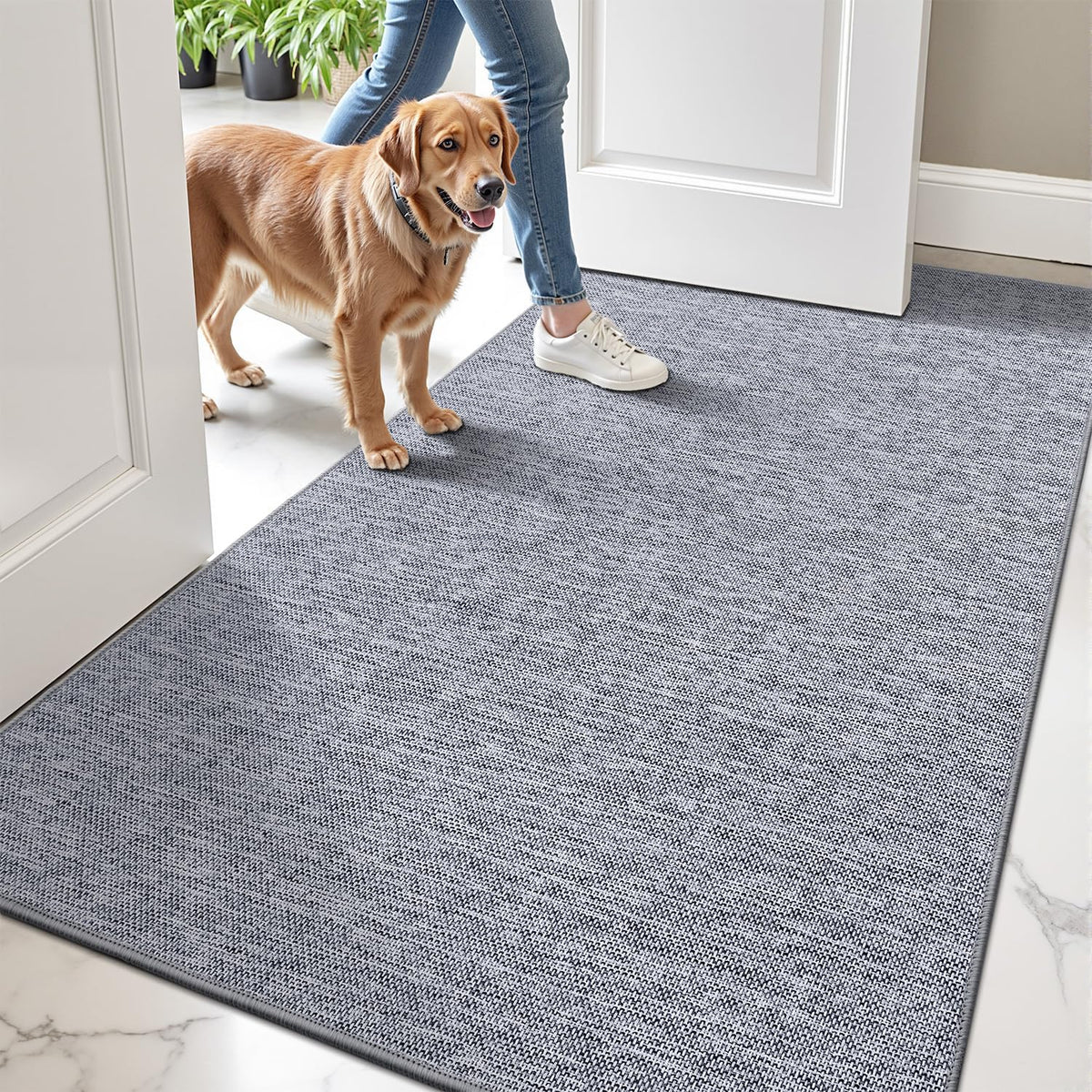 LUMI Ultra Thin Door Mat for Entryway,36"x59" Low Profile Non Slip Rubber Backing Indoor Doormat, Easy Clean Welcome Entrance Mat for Inside House, Patio,Light Grey
