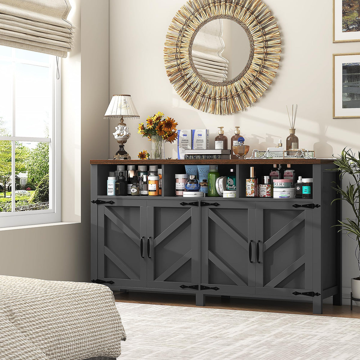 knoworld Buffet Sideboard with Storage Farmhouse with 4 Doors, 55'' Large Kitchen Storage Cabinet Wood Coffee Bar Cabinet Buffet Table with Shelves for Kitchen, Dining Room, Entryway (Black, 55 in)