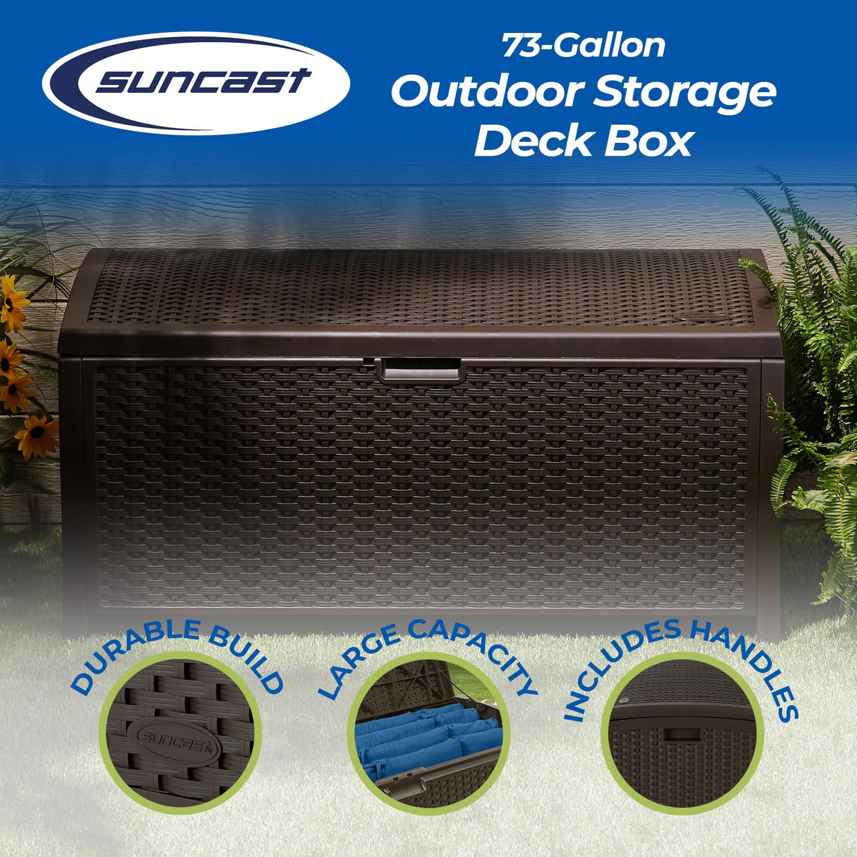 Suncast 73-Gallon Medium Deck Box - Lightweight Resin Indoor/Outdoor Storage Container and Seat for Patio Cushions and Gardening Tools - Store Items on Garage, Yard - Mocha Brown