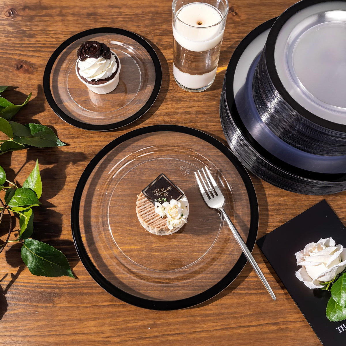 U-QE 120pcs Black Plates Disposable for Party - Clear and Black Plates Disposable Heavy Duty - Fancy Disposable Plates Include 60 10" Dinner and 60 7" Dessert Plate, Perfect for Party & Wedding