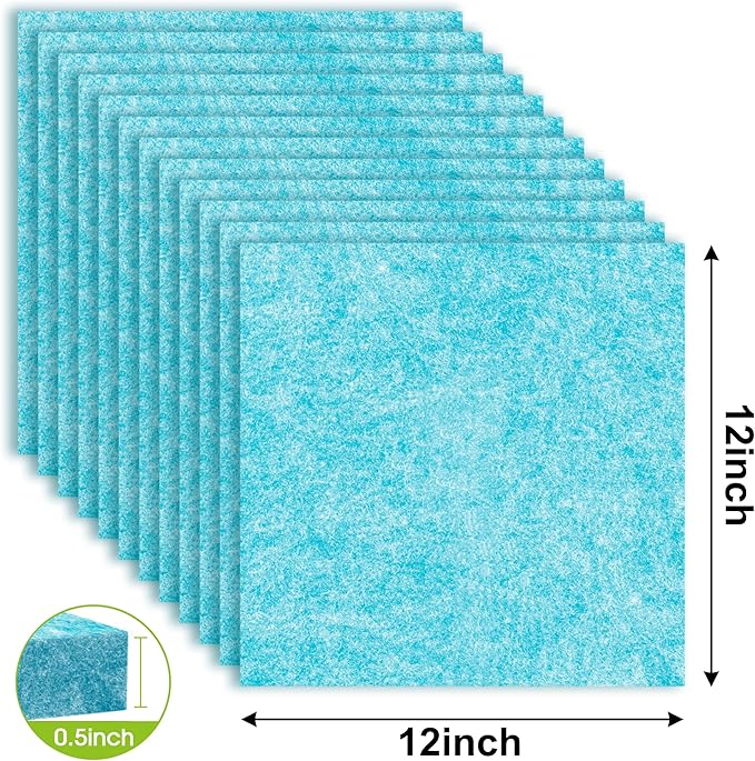 AKTOP Cork Bulletin Board 12x12, 1/2" Thick Felt Cork Board Tiles 12 Pack, Small Square Pin Board for Wall, Self Adhesive Corkboards with 120 Push Pin Wood Clips for School, Home & Office, Baby Blue