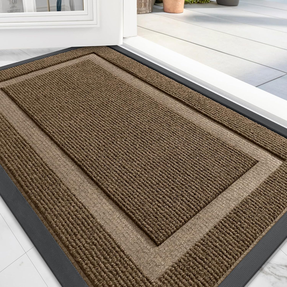 OLANLY Front Door Mat Indoor Outdoor Entrance, Waterproof All-Season, All-Weather Doormat, Sturdy Natural Rubber, Fade Resistant, Low Profile, Easy Clean Patio Porch Entryway Mat, 59x20, Brown