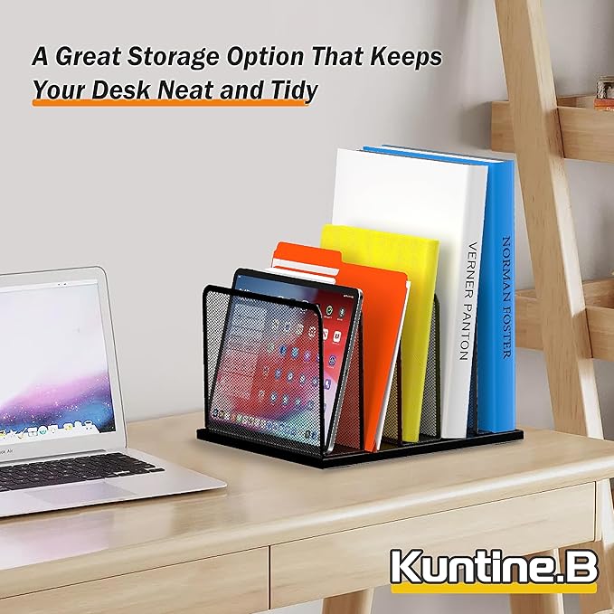 Kuntine.B Desk File Organizer 5 Sections Upright Mesh Desktop Organizer File Sorter Office Organization File Holder for Home, Office & Classroom