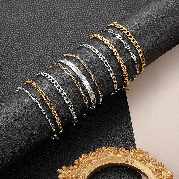 Silver and Gold Bracelets for Women Non Tarnish Waterproof Gold bracelet stack set, Adjustable 6.5"+2" Extender, Layered Bracelets for Women,Exquisite Jewelry Gift
