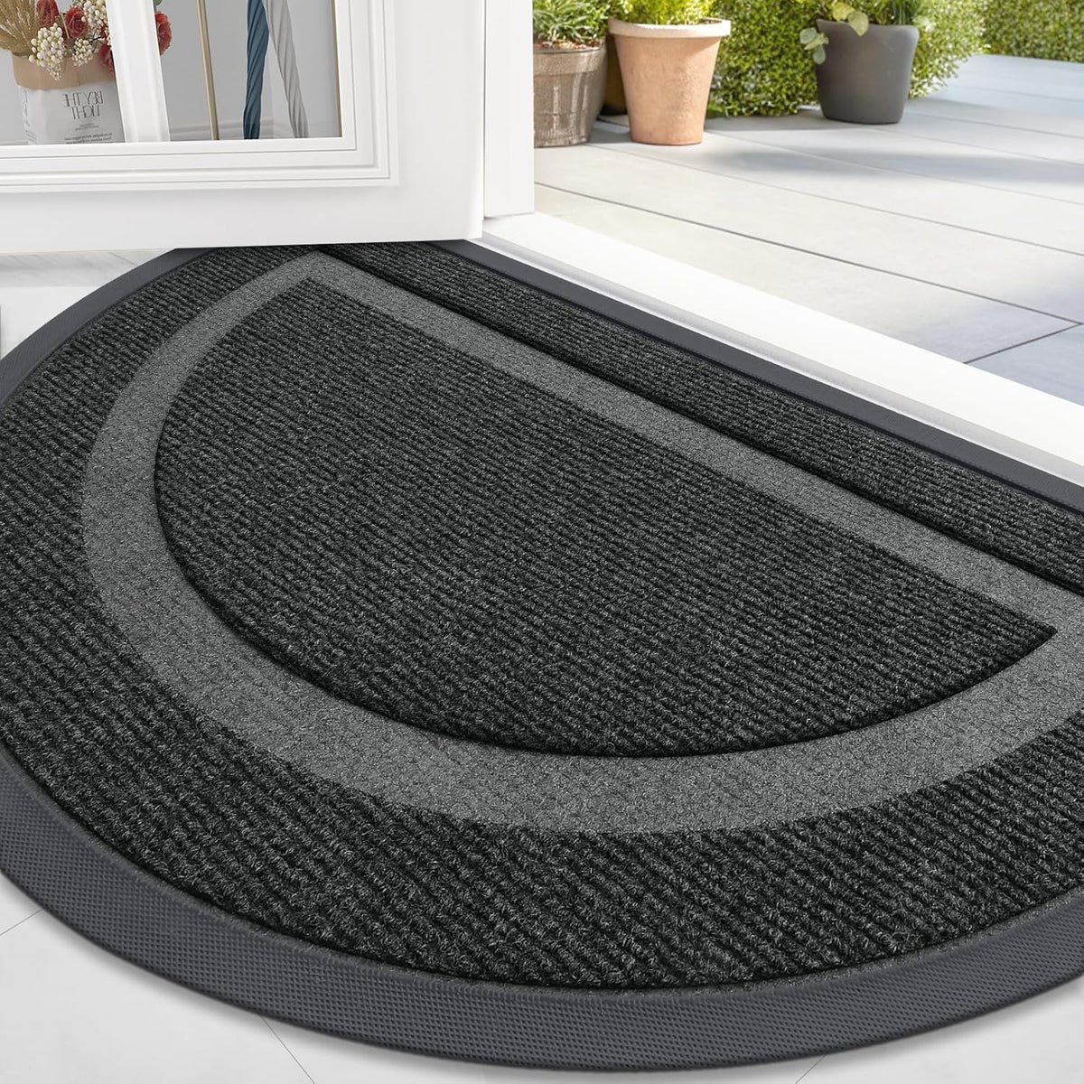 OLANLY Half Circle Door Mat Indoor Outdoor Entrance Welcome, Waterproof All-Season, All-Weather Doormat, Sturdy Natural Rubber, Low Profile, Easy Clean Patio Porch Entryway Mat, 36x24, Black