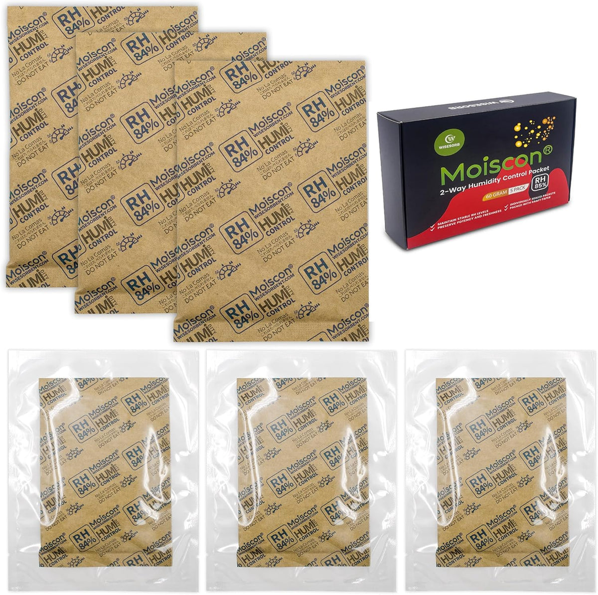 85% Two-Way Humidity Control Packs, 60 Gram 5 Pack for Storing 1 lb, Size 60 Seasoning Packets Moisture Control Packets Individually Wrapped, Humidifier Packs for Season Wood Humidifier Boxes
