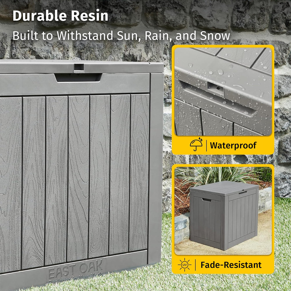 EAST OAK Outdoor Storage Box, 31 Gallon Deck Box Indoor and Outdoor Use, Waterproof Resin Storage Bin for Package Delivery, Patio Cushions, Gardening Tools, Lockable, UV Resistant, Grey