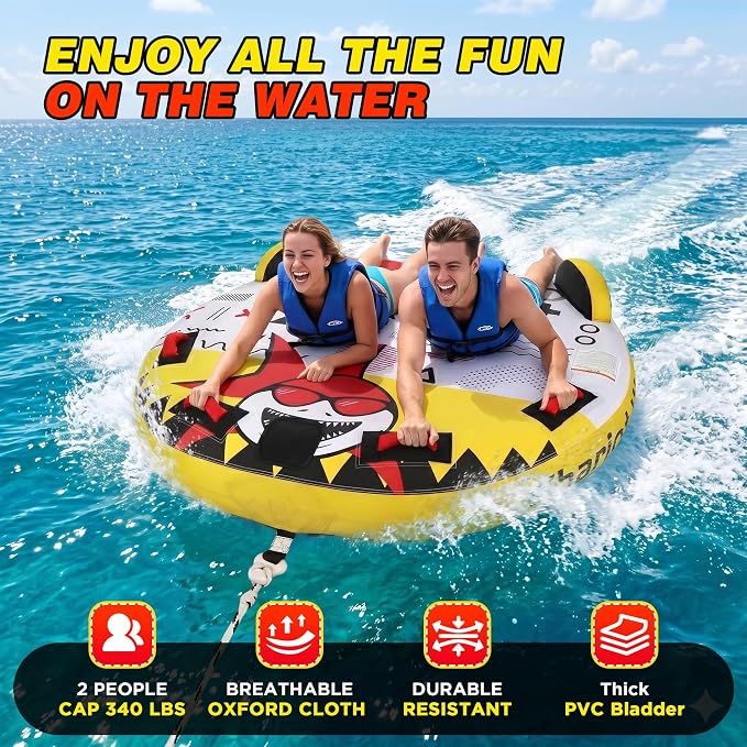 Towable Tube for Boating, 1–2 Person Inflatable Towable Tube with Quick Connect, Heavy Duty 840D Nylon Water Tube for Lake & Water Sports